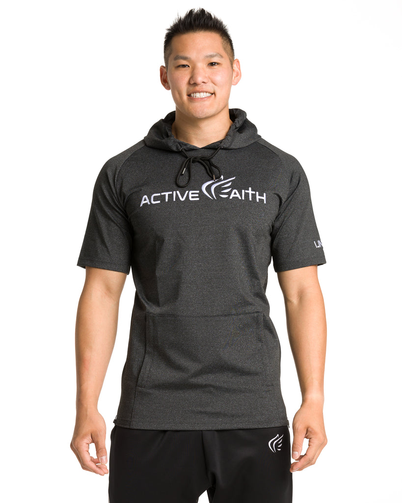 Men's  Active Faith Short Sleeve Logo Performance Hoodie in Charcoal White Color