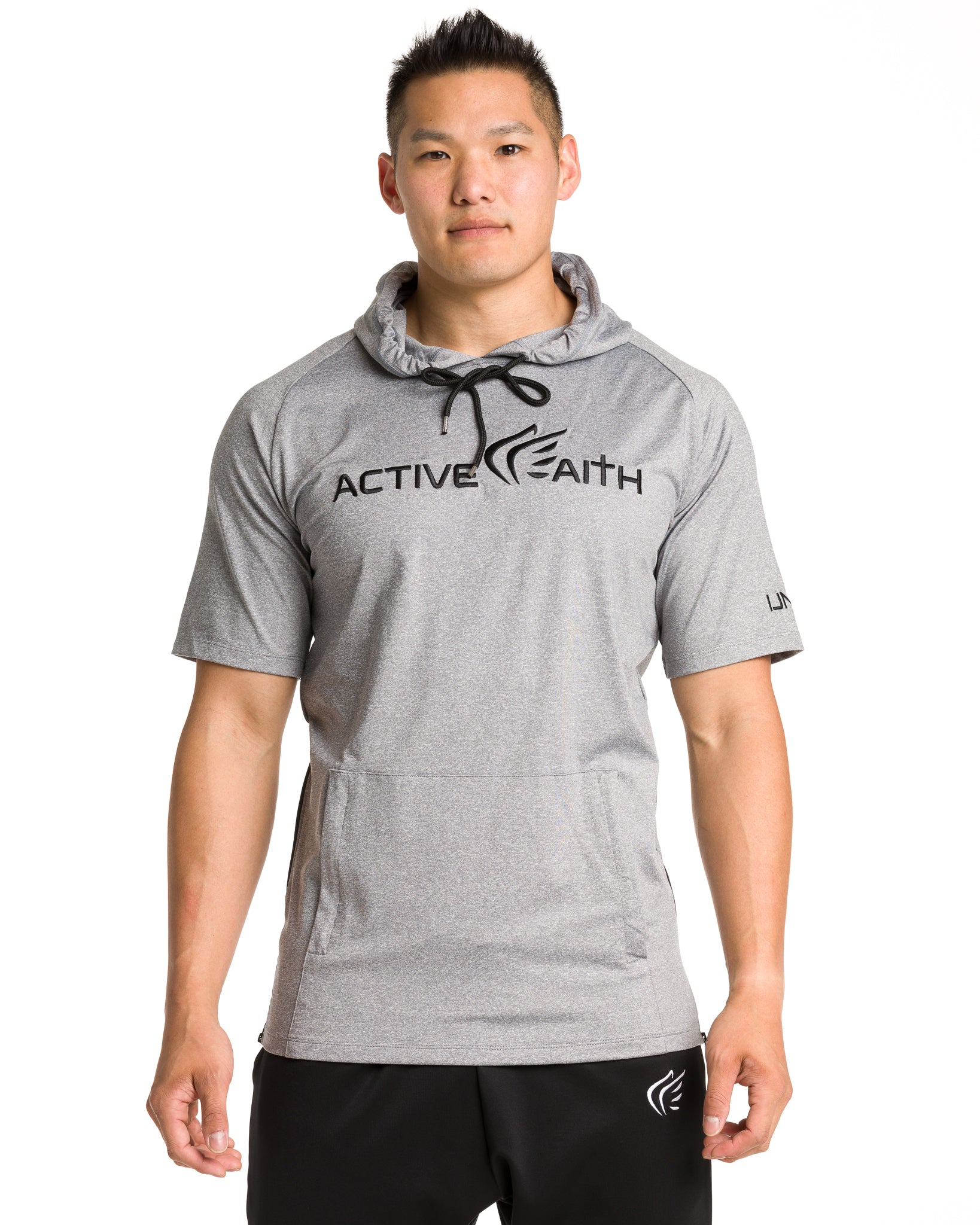 Men's  Active Faith Short Sleeve Logo Performance Hoodie in Grey Color