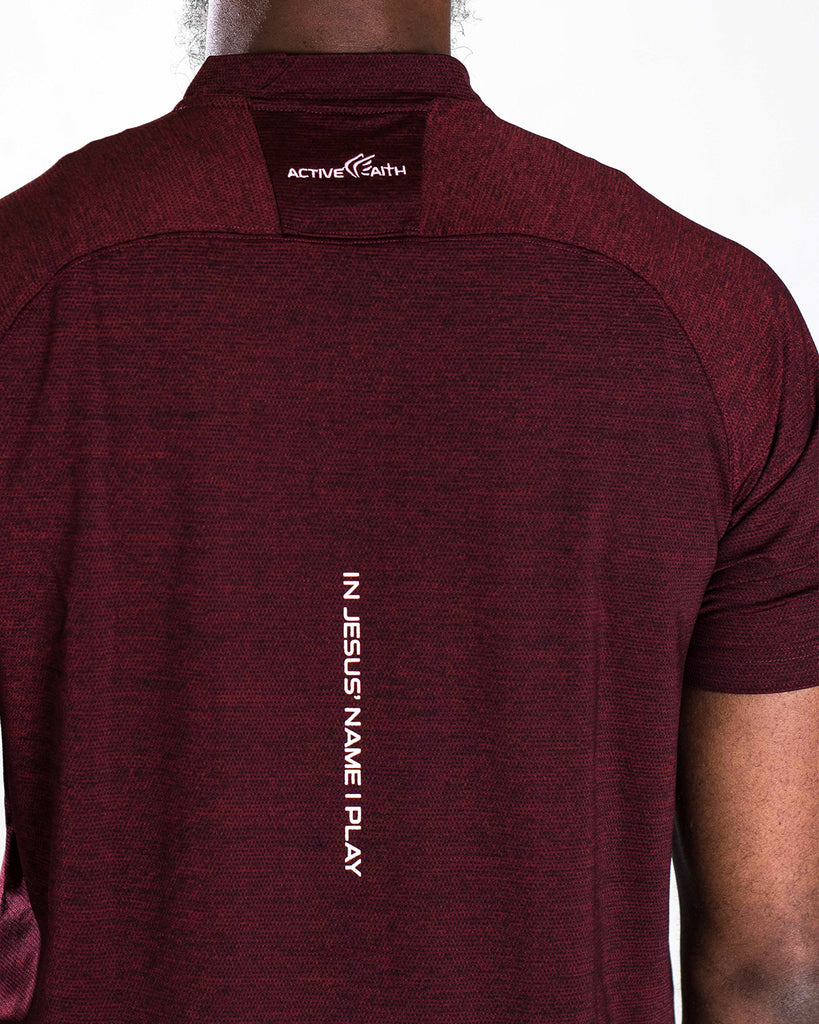 Mens In Jesus' Name I Play Logo T-shirt in Maroon Color