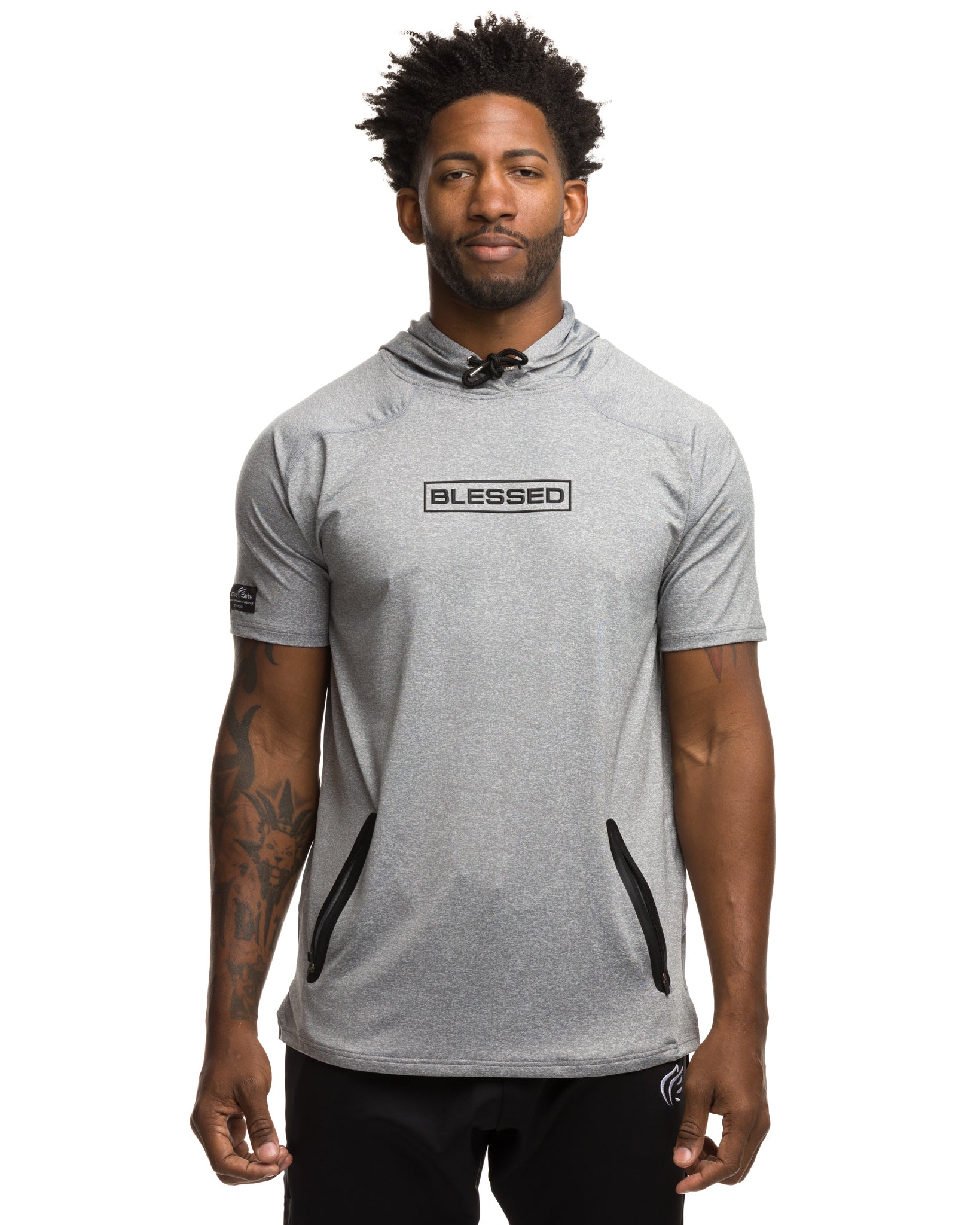 Men's Blessed Performance Tech Short Sleeve Hoodie in Charcoal Black Color