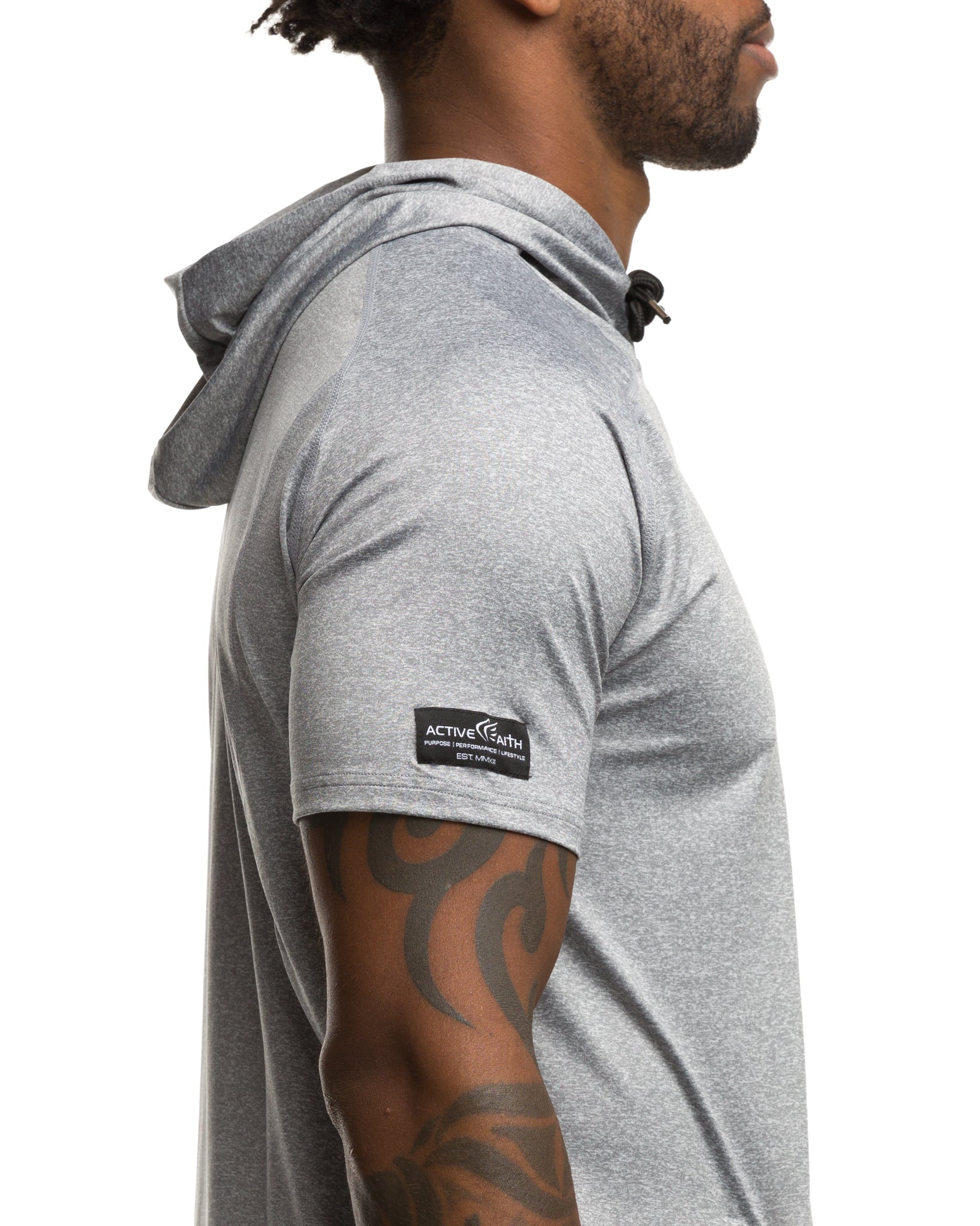 Men's Active Faith Performance Tech Short Sleeve Hoodie in Charcoal Black Color