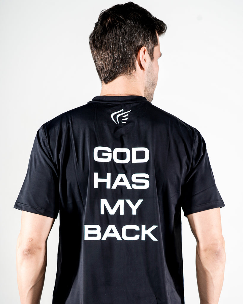 Men's Active Faith God Has My Back Performance T-Shirt in Black Color