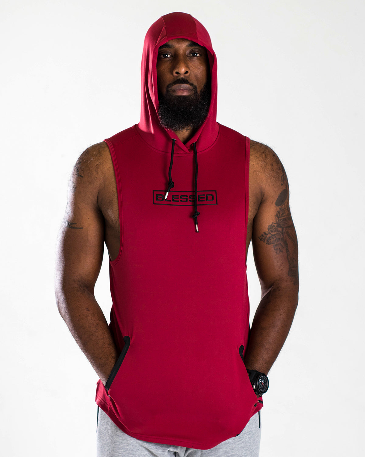 Men's Blessed Performance Tech Sleeveless Hoodie in Red Color
